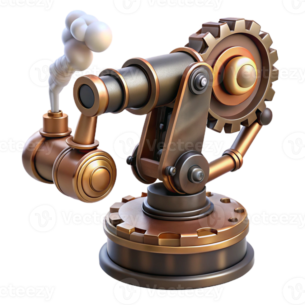dramatic vintage Steampunk robotic arm with exposed gears and steam vents 4K png