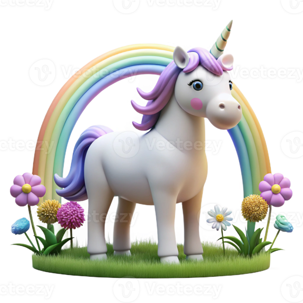 vibrant vintage A benevolent unicorn grazing in a field of wildflowers, bathed in the soft glow of a rainbow, in a whimsical, storybook style high quality png