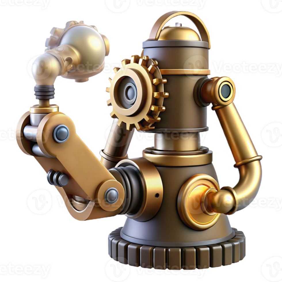 dramatic vintage Steampunk robotic arm with exposed gears and steam vents detailed png