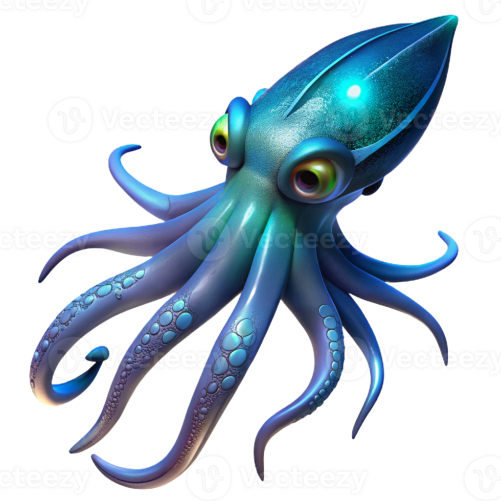 stunning modern A giant squid swimming through the deep ocean, illuminated by bioluminescent creatures, in a mysterious, photorealistic style 4K png