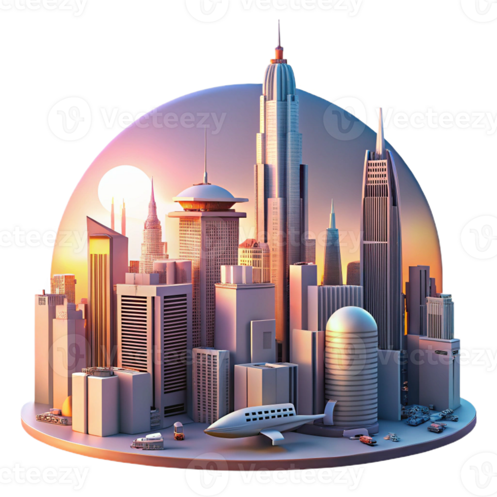 stunning artistic A futuristic city skyline composed of towering skyscrapers and flying vehicles, illuminated by a warm, sunset glow, in a matte painting style exclusive png