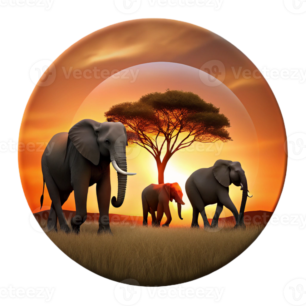 stunning contemporary A family of elephants walking across the savanna at sunset, silhouetted against the fiery sky, depicted in a minimalist, silhouette style detailed png