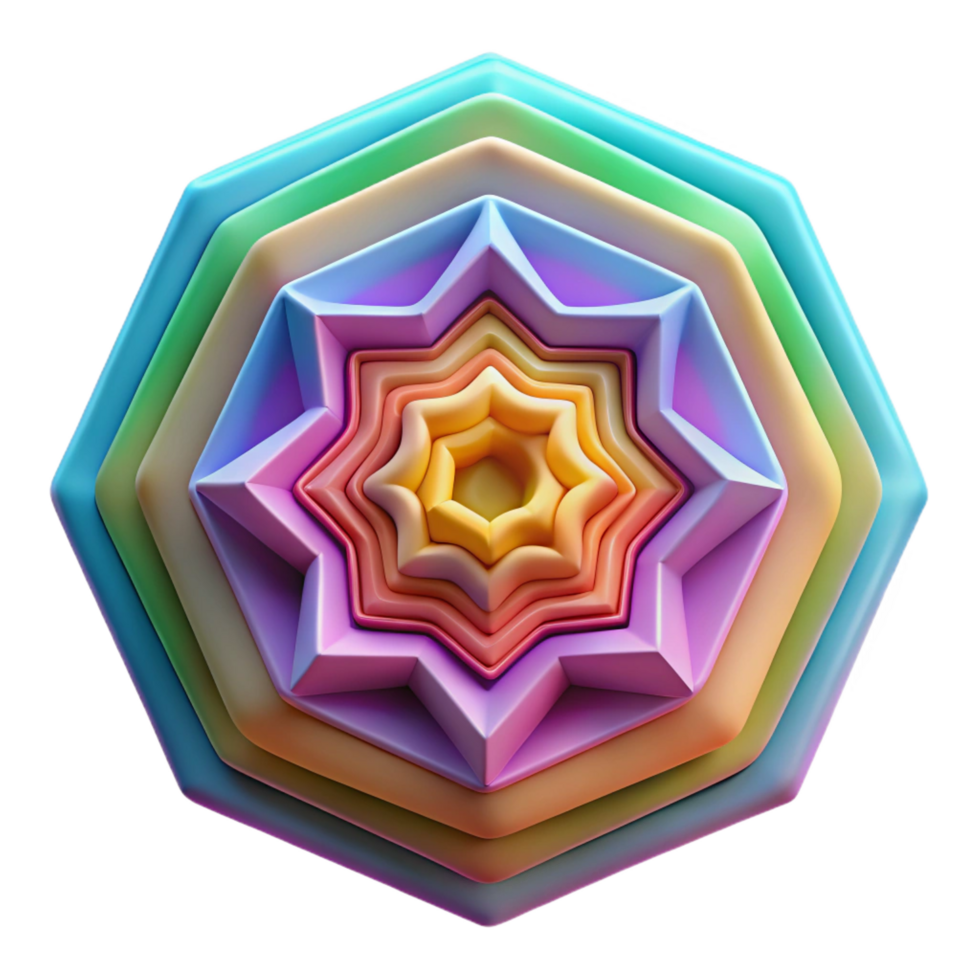 dramatic abstract A series of concentric pentagons, radiating outwards with vibrant, pastel colors, in a psychedelic, op art style premium png