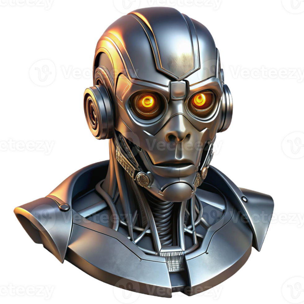 stunning contemporary Cyberpunk robot head, intricate details, metallic, glowing eyes 4K png