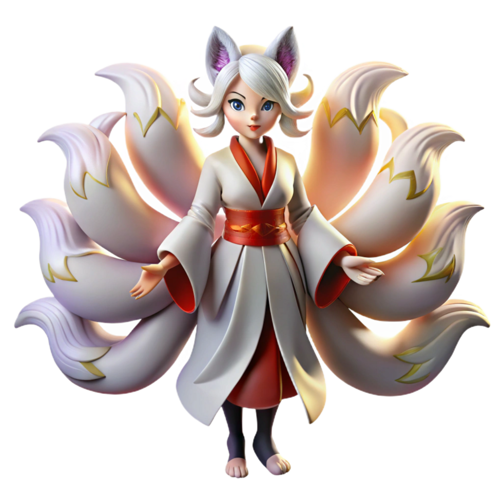 wonderful vintage A cunning Kitsune, with nine flowing tails, transforming into a beautiful woman, bathed in moonlight, in a Japanese woodblock print style authentic png