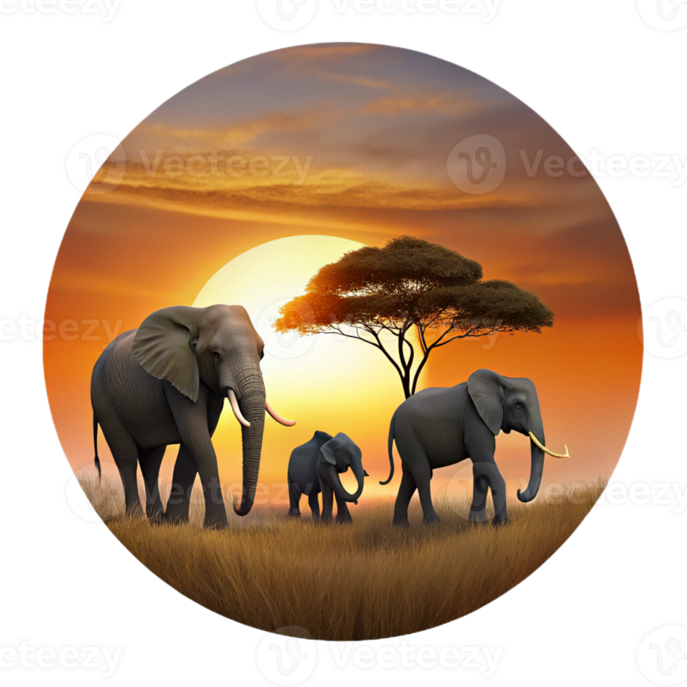 elegant contemporary A family of elephants walking across the savanna at sunset, silhouetted against the fiery sky, depicted in a minimalist, silhouette style professional png