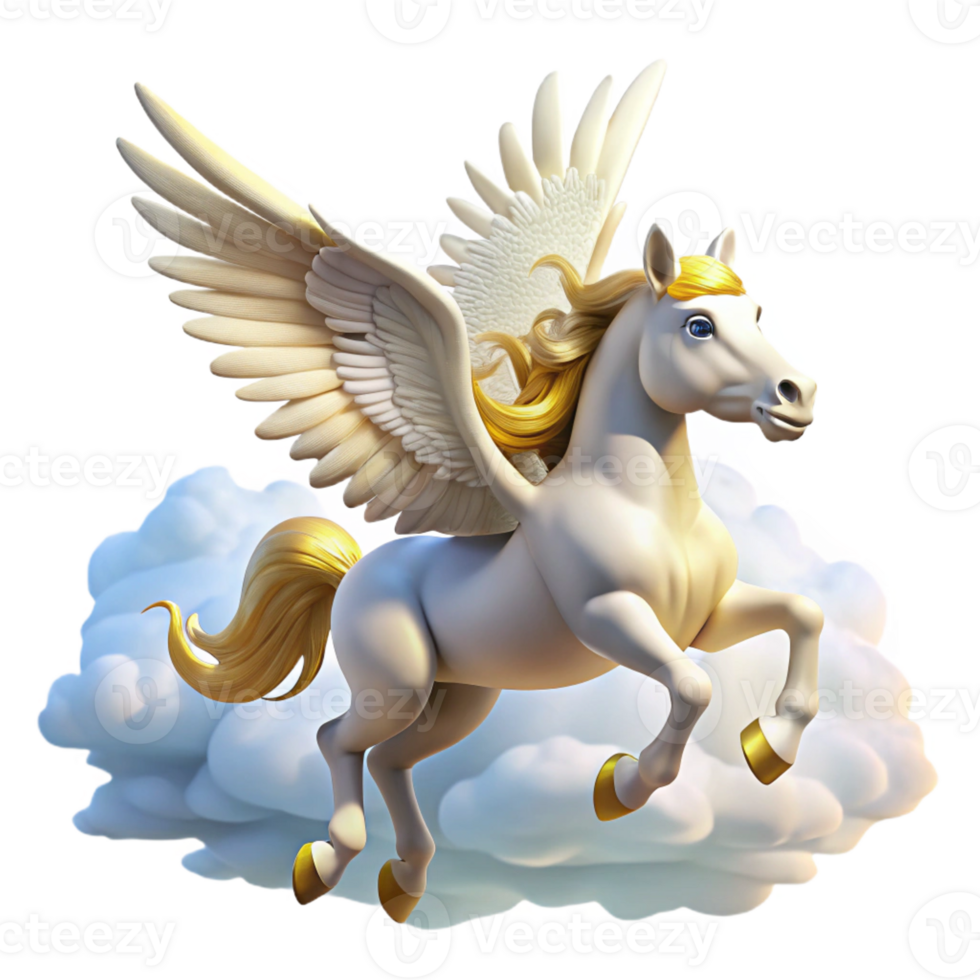 elegant contemporary A majestic, winged Pegasus with pure white feathers and a golden bridle, soaring through a cloudy sky, illuminated by the bright sunlight. Romantic style 4K png