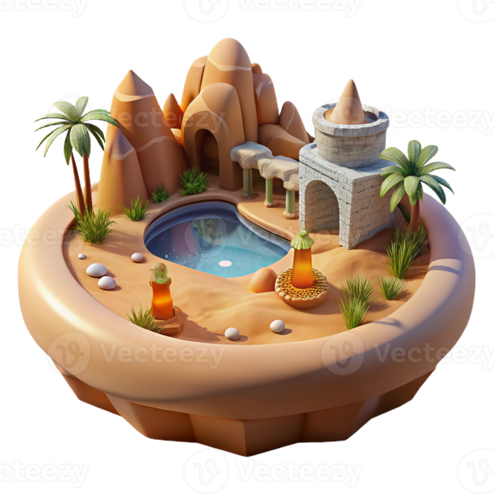 elegant traditional Desert oasis with a hidden subterranean city, midday sun, otherworldly style professional png