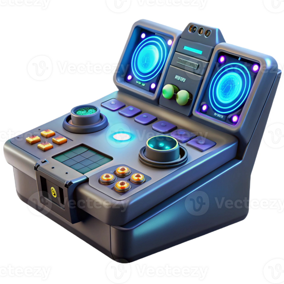 magnificent vintage A futuristic control panel with glowing buttons and interactive displays, illuminated by a dim, ambient light, in a science fiction style premium png