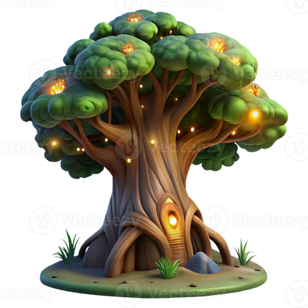dramatic rustic A colossal ancient tree with glowing runes carved into its bark, surrounded by swirling fireflies, twilight lighting, painterly style genuine png
