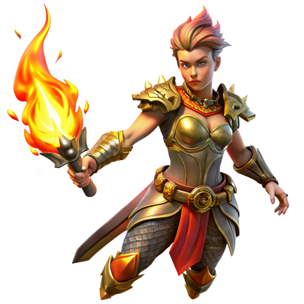 extraordinary abstract A fierce warrior woman with intricate tribal tattoos and leather armor, wielding a flaming sword, lit by the fiery glow of the weapon. Digital painting, dynamic pose 4K png