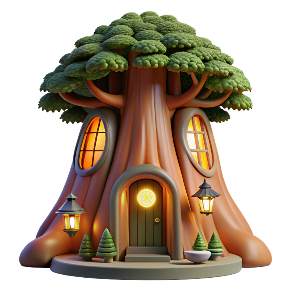 magnificent abstract Giant sequoia tree converted into a dwelling, warm interior lighting, whimsical style premium png