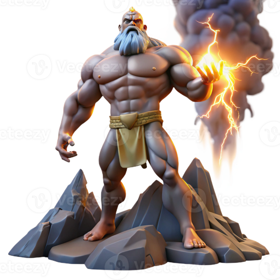 vibrant artistic A powerful Titan with towering stature and immense strength, holding aloft a mountain, illuminated by lightning in a epic fantasy art style original png