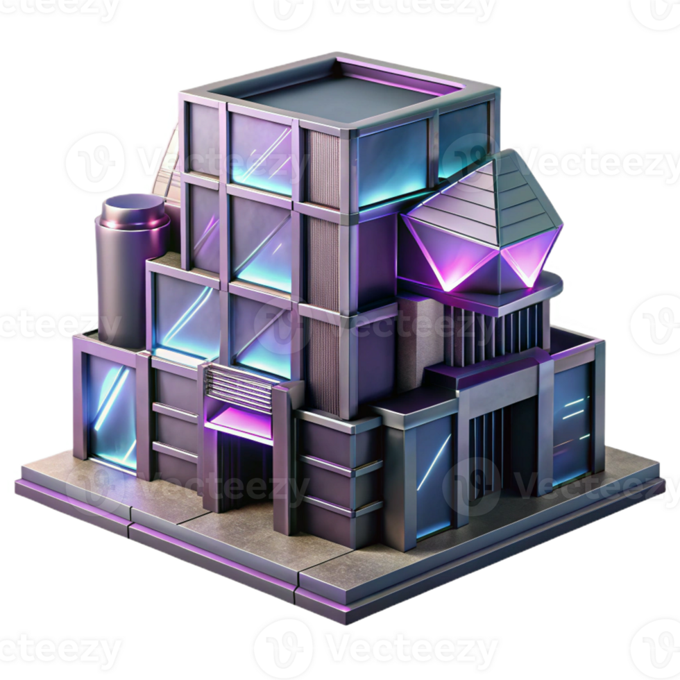 beautiful vintage Deconstructivist office building, fragmented forms, metallic surfaces, neon lighting, cyberpunk style 4K png