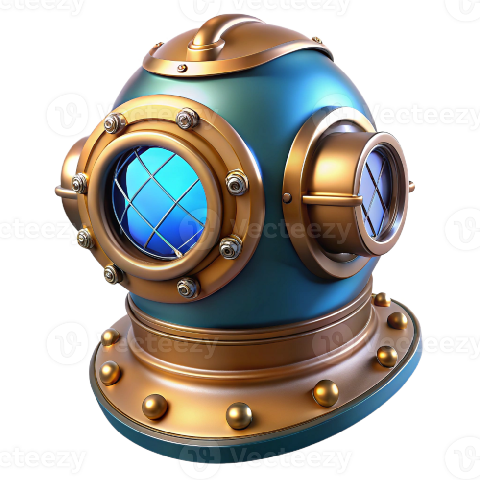 elegant traditional A steampunk diving helmet with a large, circular glass viewport and intricate brass fittings, lit by a cool, underwater blue light, in a vintage photograph style professional png