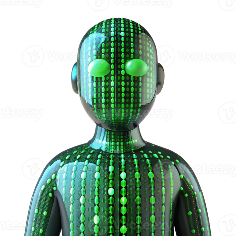 stunning modern A transparent human figure filled with binary code, cool green lighting, digital art style premium png