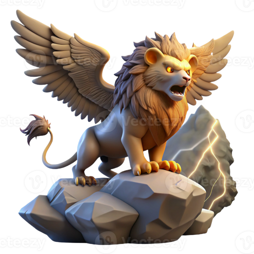 serene classic A fierce, winged griffin with the body of a lion and the head and wings of an eagle, perched atop a jagged cliff, lit by the dramatic light of a stormy sky. Romantic style genuine png