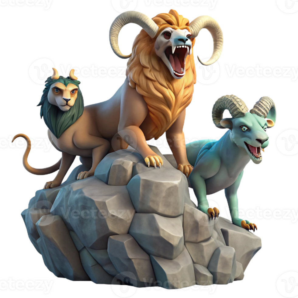 elegant classic A mysterious chimera, its lion, goat, and serpent heads roaring, standing on a rocky precipice, in a surreal, symbolic style genuine png