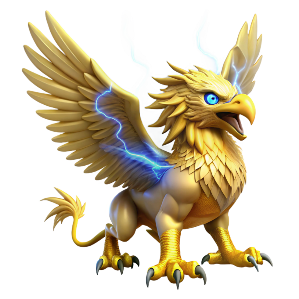 serene modern A powerful griffin with golden feathers and piercing blue eyes, soaring through a storm, illuminated by flashes of lightning. Realistic style exclusive png