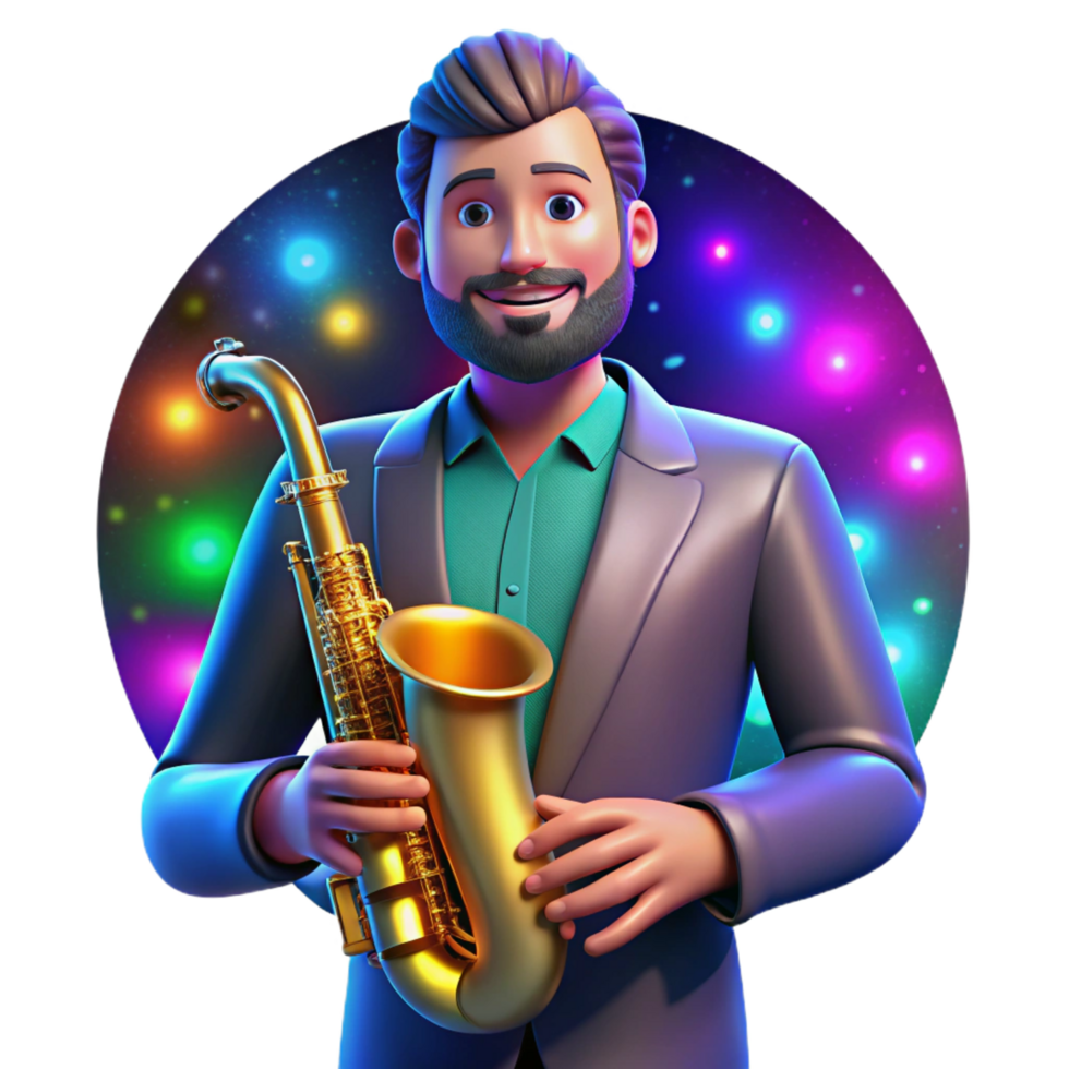 serene creative Portrait of a charismatic musician with a saxophone and a soulful expression, lit by the colorful stage lights, in a pop art style high quality png