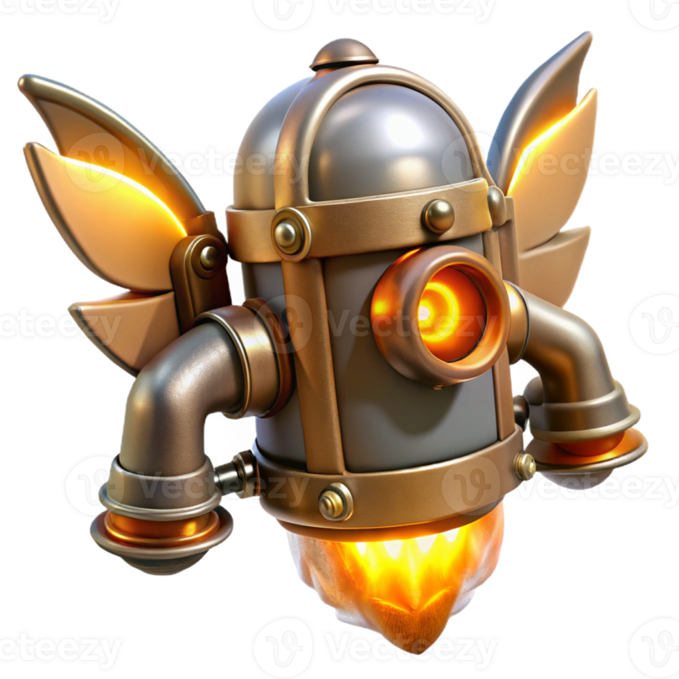 impressive creative A steampunk jetpack with copper wings and glowing steam vents, lit by a bright, energetic orange light, in a comic book style original png