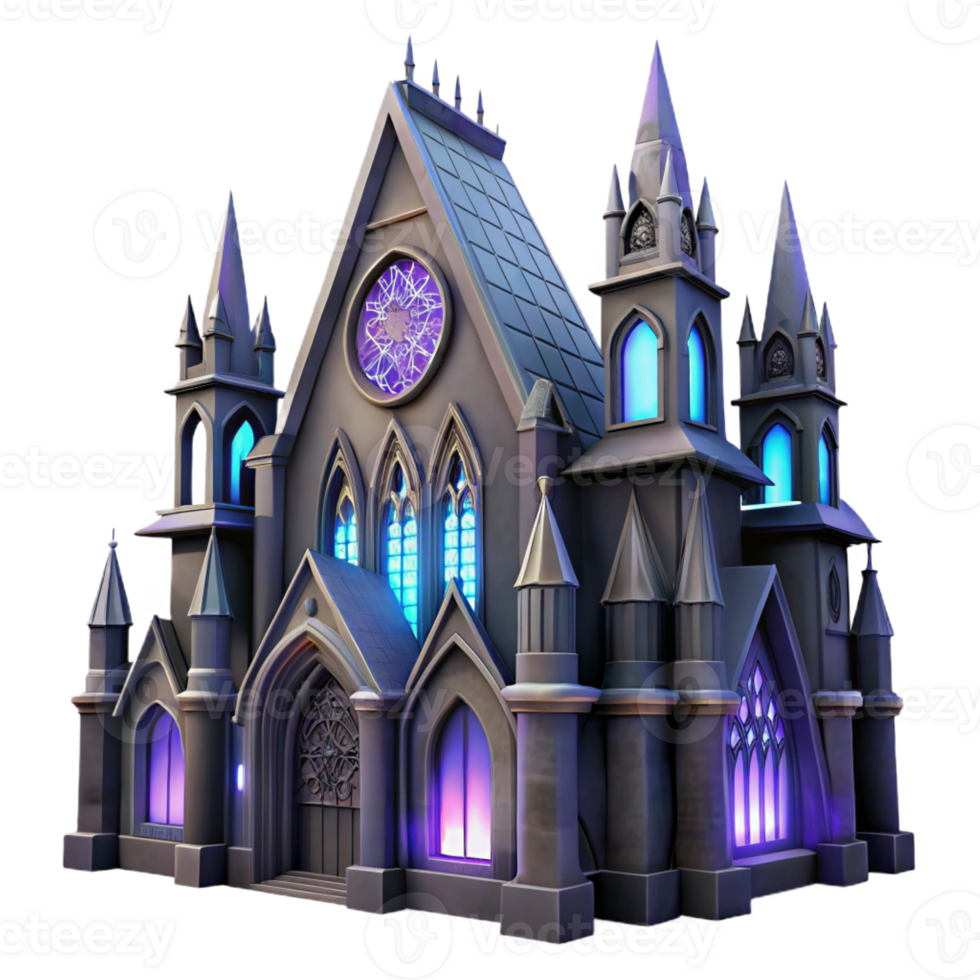wonderful rustic Gothic cathedral made of obsidian, stained glass windows with nebulae, moonlight, ethereal style premium png