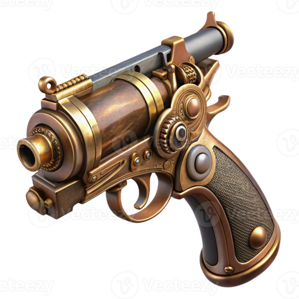 stunning artistic Steampunk pistol with intricate engravings and a brass barrel exclusive png