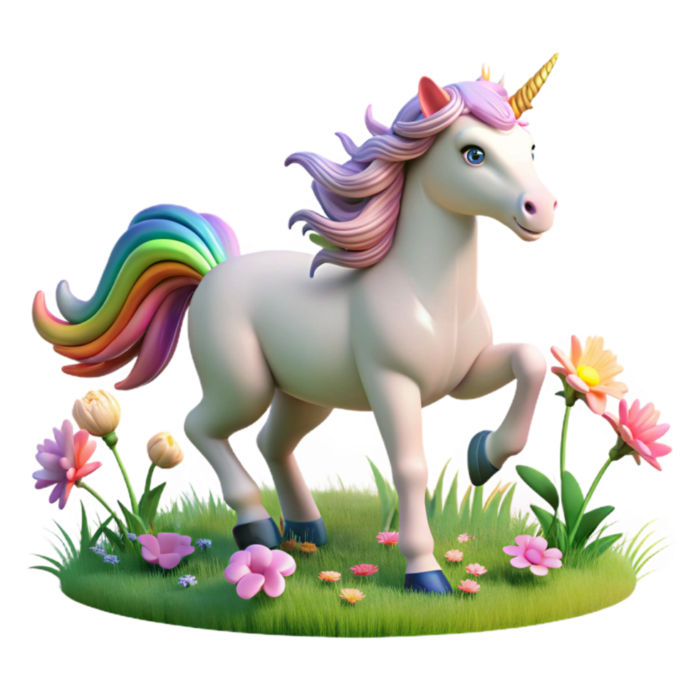beautiful traditional A majestic unicorn with a rainbow mane and tail, galloping across a field of wildflowers, bathed in the warm glow of a setting sun. Dreamlike, ethereal style premium png