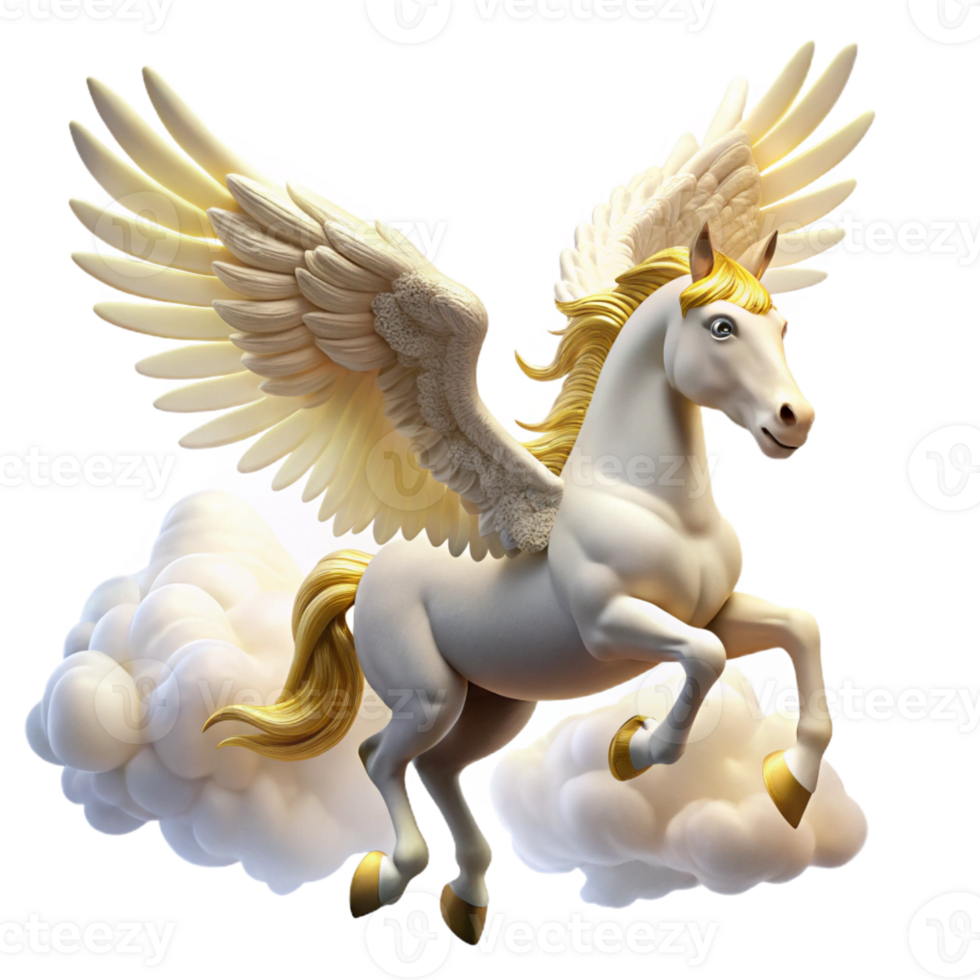 impressive creative A majestic, winged Pegasus with pure white feathers and a golden bridle, soaring through a cloudy sky, illuminated by the bright sunlight. Romantic style 4K png