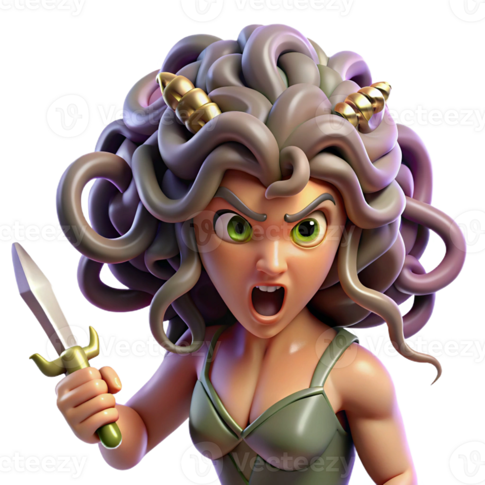 wonderful vintage A fierce, battle-ready Medusa with snakes for hair and piercing gaze, holding a curved dagger, lit by flashes of lightning. Baroque style professional png