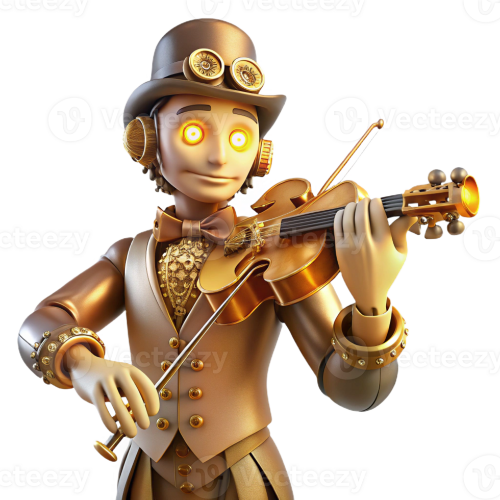 wonderful rustic A steampunk automaton musician playing a violin with intricate clockwork mechanisms, lit by a warm stage light, in a romanticism style premium png