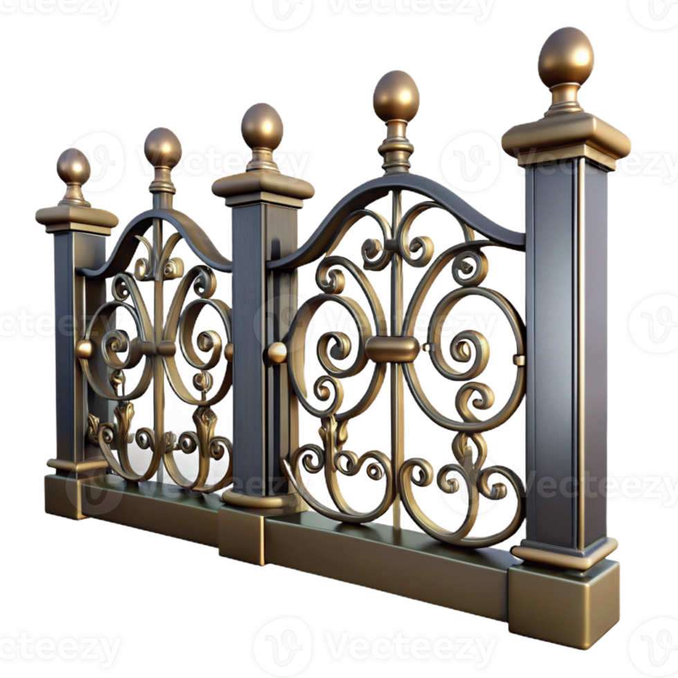 beautiful modern Victorian wrought iron fence section, ornate, original png