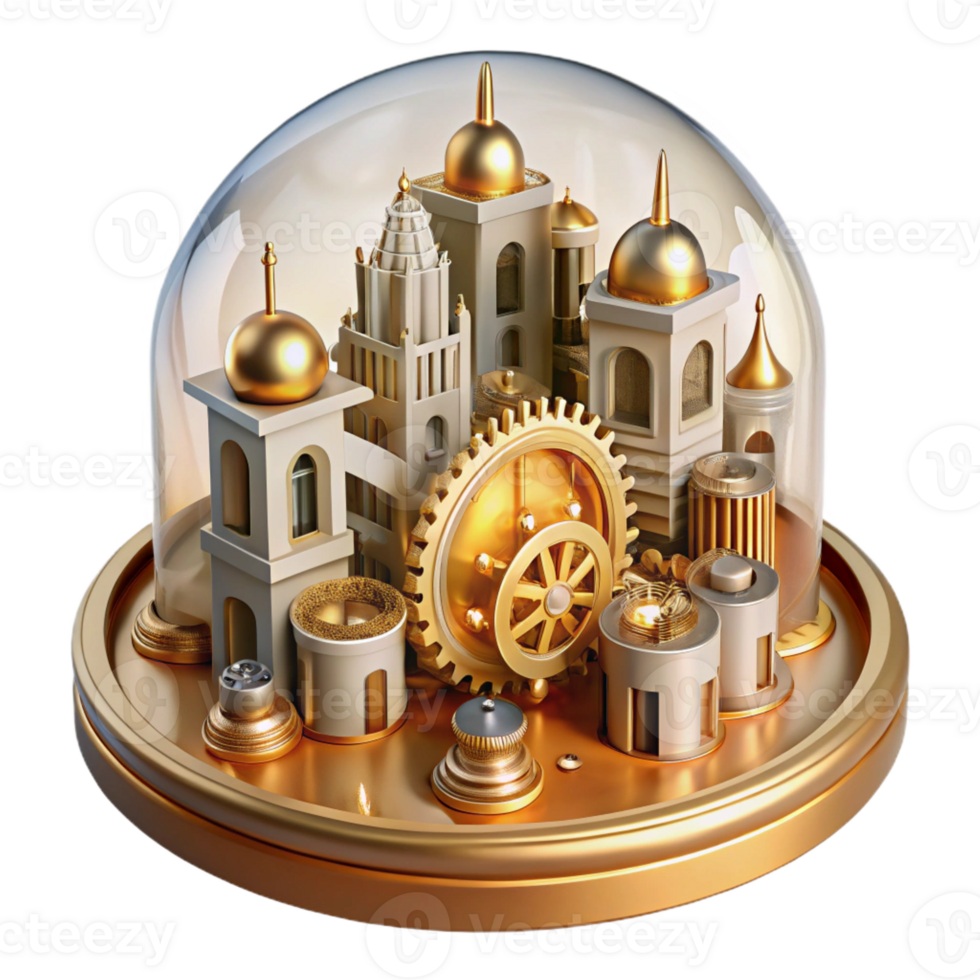 serene vintage Microscale city built within a clockwork mechanism, intricate gears, golden lighting, steampunk style professional png