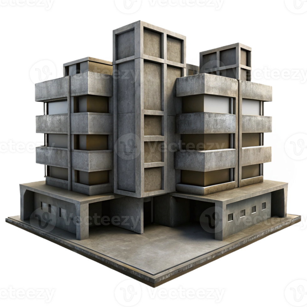 beautiful creative Brutalist concrete apartment complex, harsh shadows, overcast lighting, dystopian style high quality png