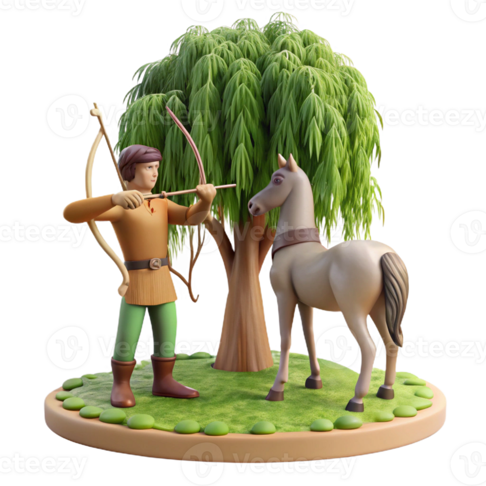 vibrant abstract A wise centaur teaching archery to a young human, under the shade of a willow tree, in a warm, classical style premium png