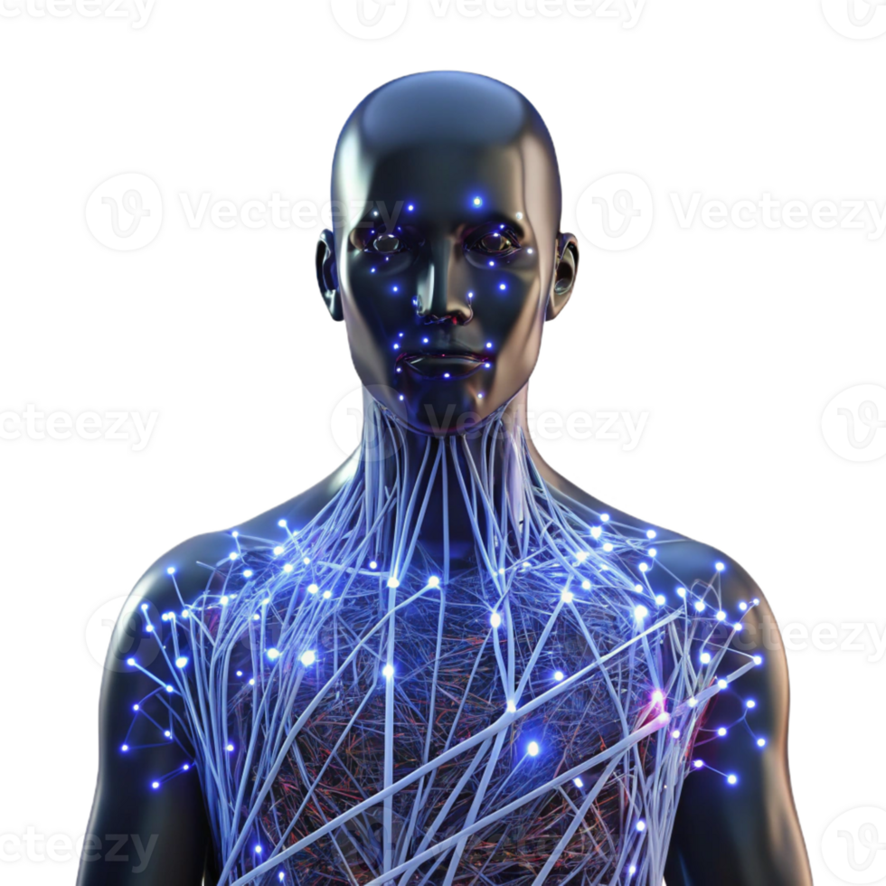 dramatic traditional Intricate network of glowing fiber optic cables weaving through a human silhouette, dark cyberpunk lighting, digital art style 4K png