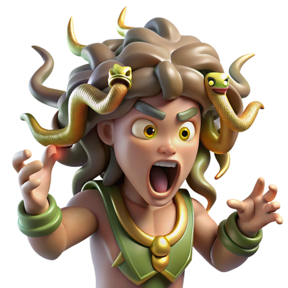 serene classic A terrifying Gorgon, with snakes for hair, turning a warrior to stone, lit by lightning strikes, in a Greek pottery style original png