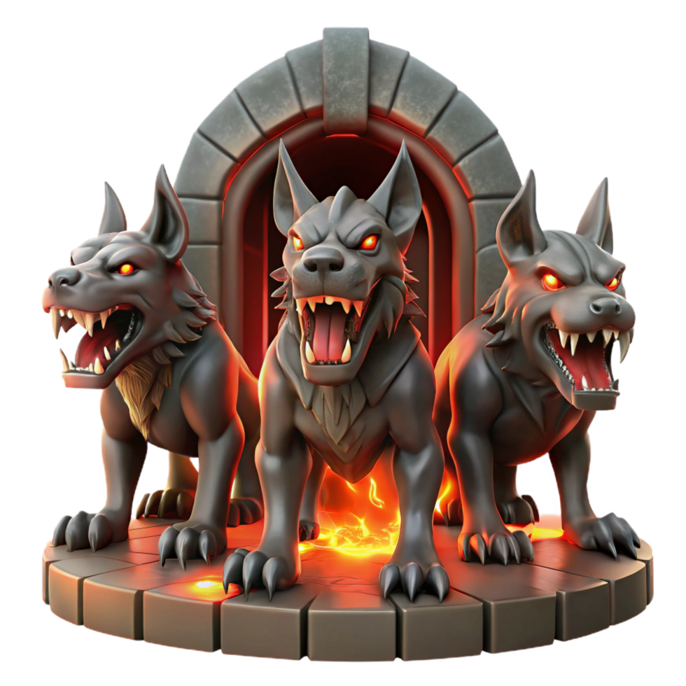 dramatic abstract A cunning Cerberus with three snarling heads and fiery breath, guarding the gates of the underworld, illuminated by hellish red light in a dark fantasy style high quality png