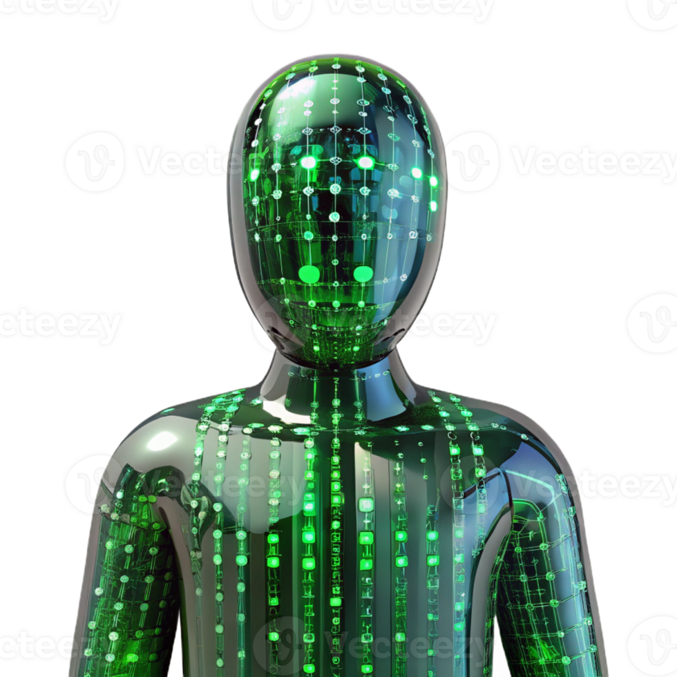 wonderful traditional A transparent human figure filled with binary code, cool green lighting, digital art style exclusive png