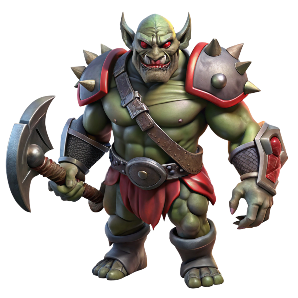 impressive minimalist A fearsome orc warrior with heavy armor and a blood-red axe, dark and gritty lighting, realistic style professional png