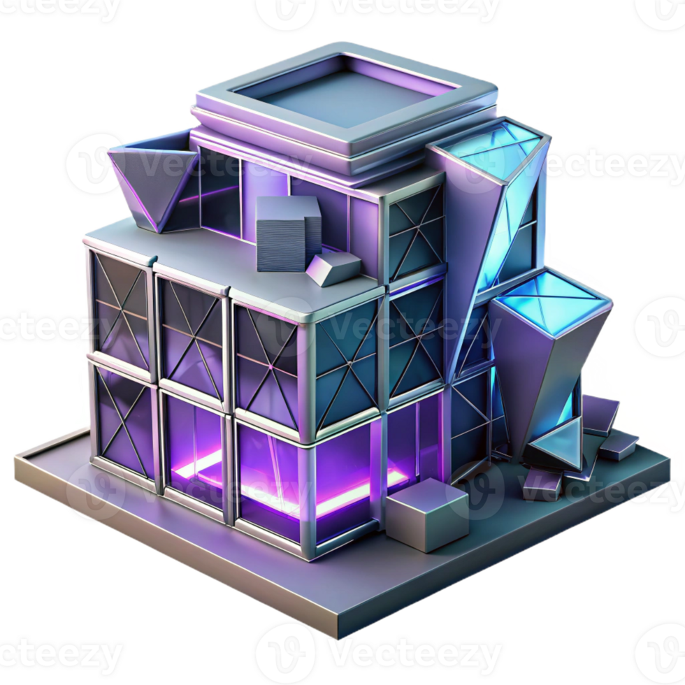 stunning minimalist Deconstructivist office building, fragmented forms, metallic surfaces, neon lighting, cyberpunk style high quality png
