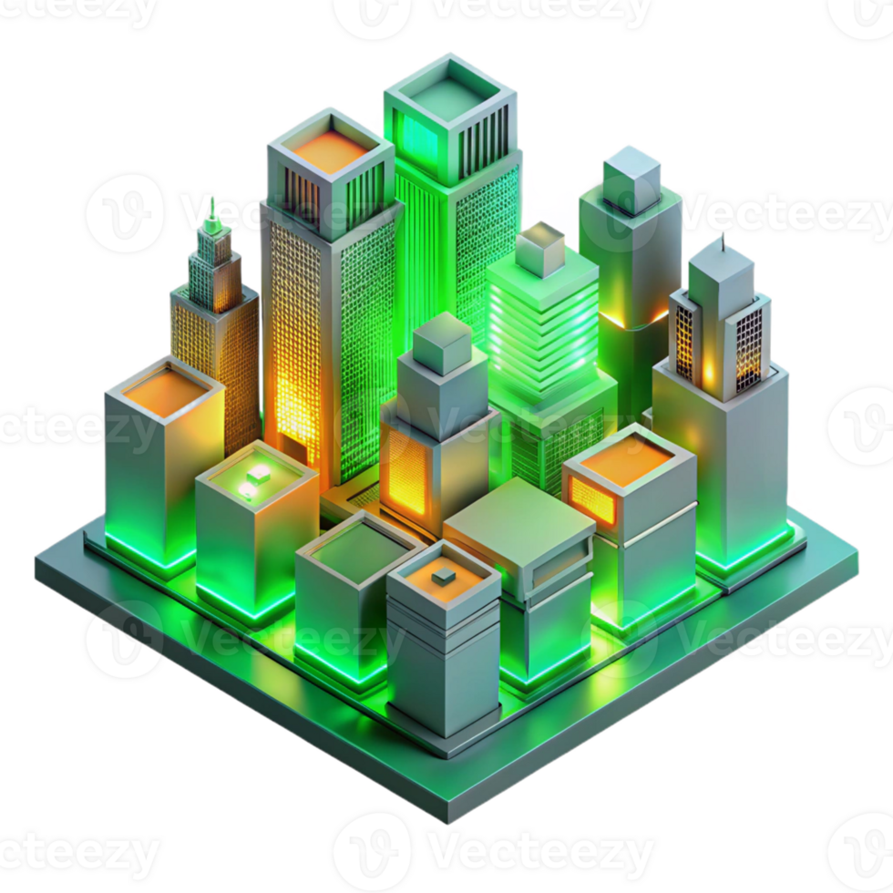 wonderful contemporary A futuristic cityscape composed entirely of interconnected circuit boards, glowing with neon green and orange light, in a isometric perspective high quality png