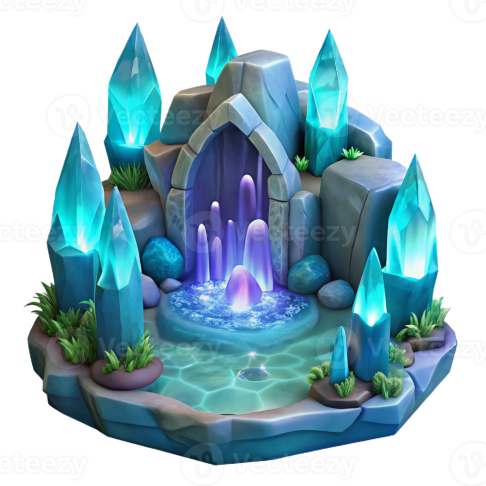 serene rustic A hidden grotto filled with glowing crystals and waterfalls, ethereal lighting, fantasy landscape style high quality png