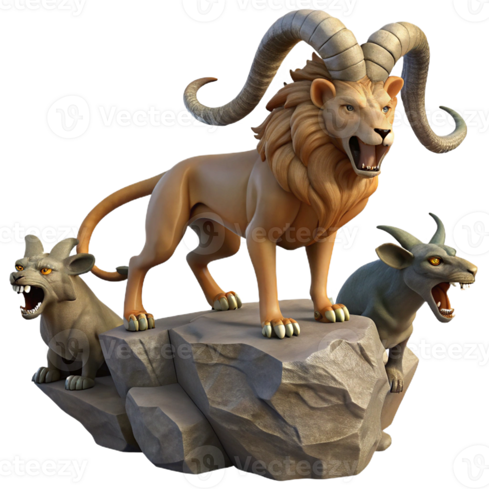 extraordinary traditional A mysterious chimera, its lion, goat, and serpent heads roaring, standing on a rocky precipice, in a surreal, symbolic style high quality png