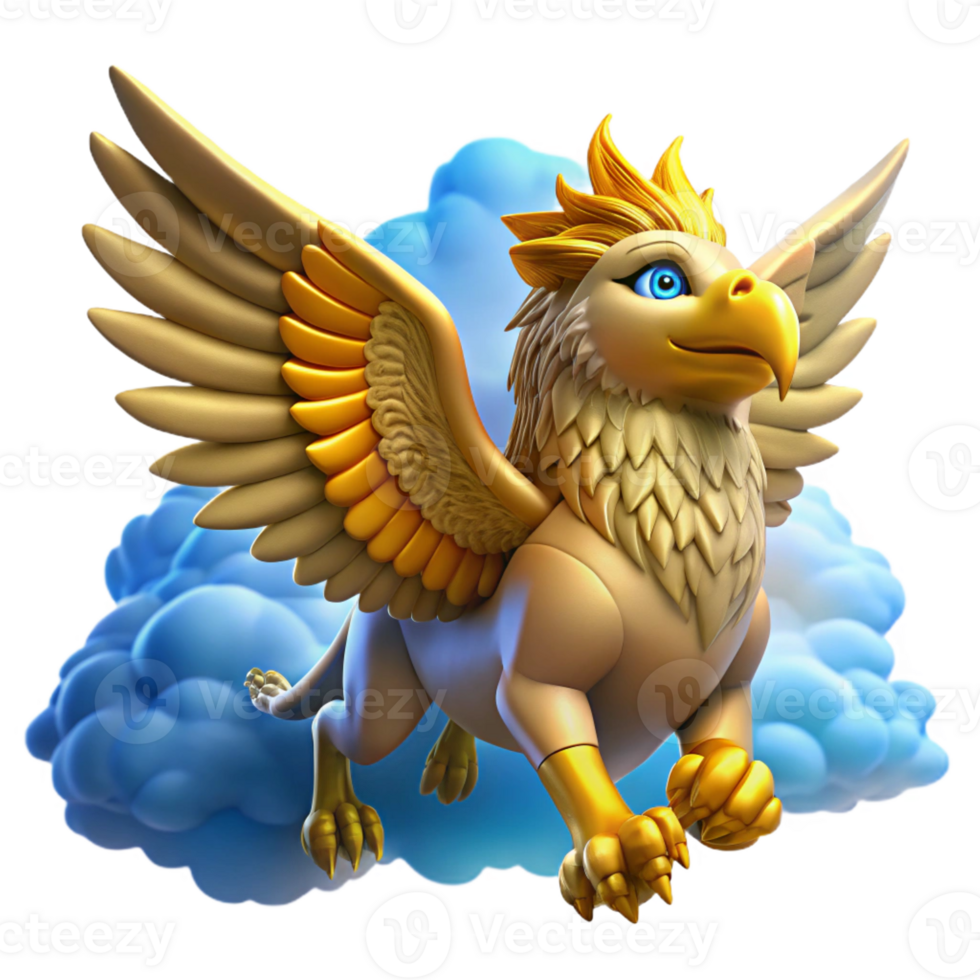 vibrant minimalist A majestic griffin with golden feathers and piercing blue eyes, soaring through a cloudy sky, dramatic lighting, realistic style exclusive png