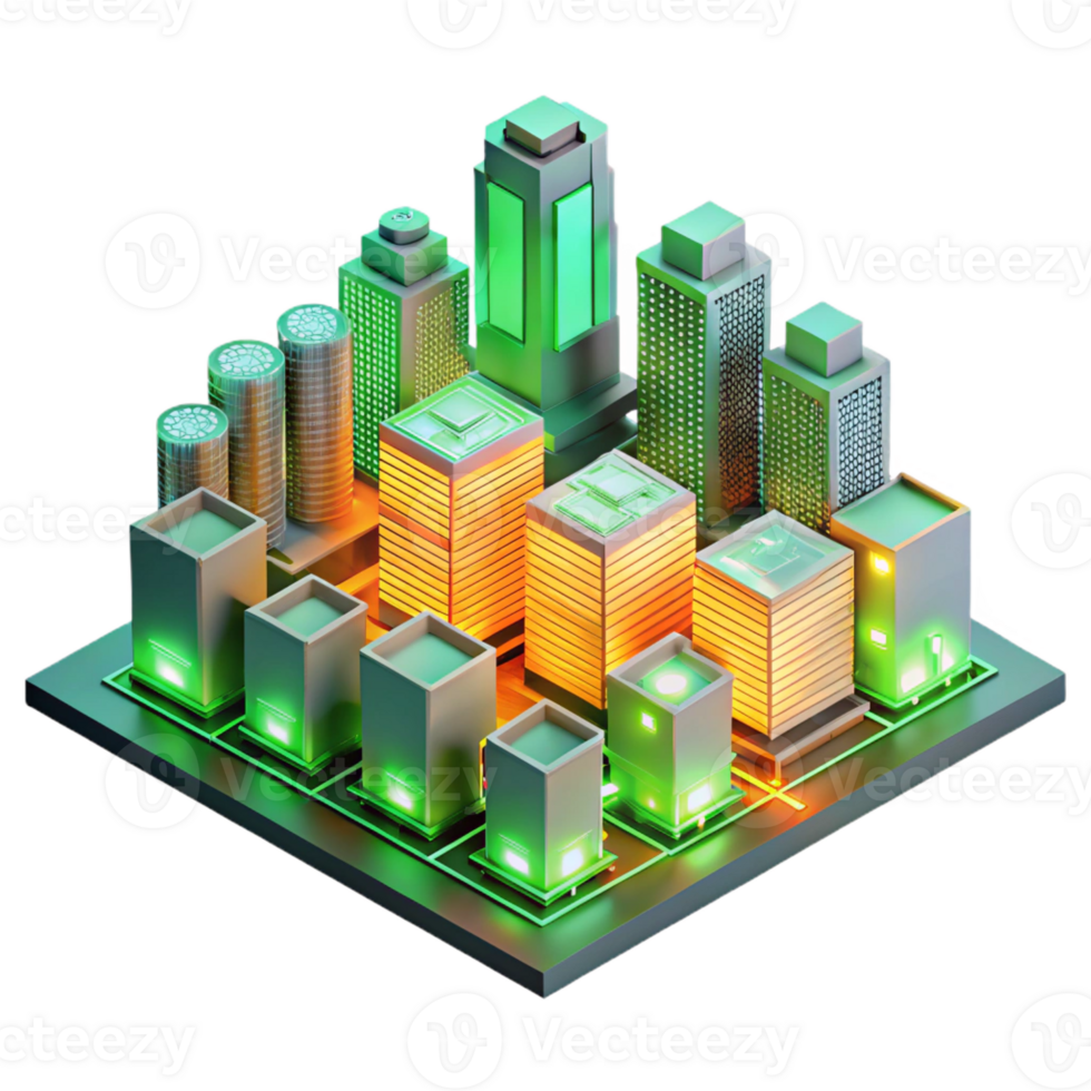 beautiful abstract A futuristic cityscape composed entirely of interconnected circuit boards, glowing with neon green and orange light, in a isometric perspective professional png