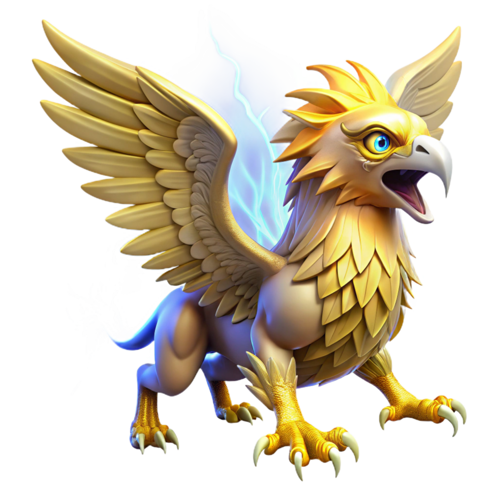 impressive artistic A powerful griffin with golden feathers and piercing blue eyes, soaring through a storm, illuminated by flashes of lightning. Realistic style 4K png