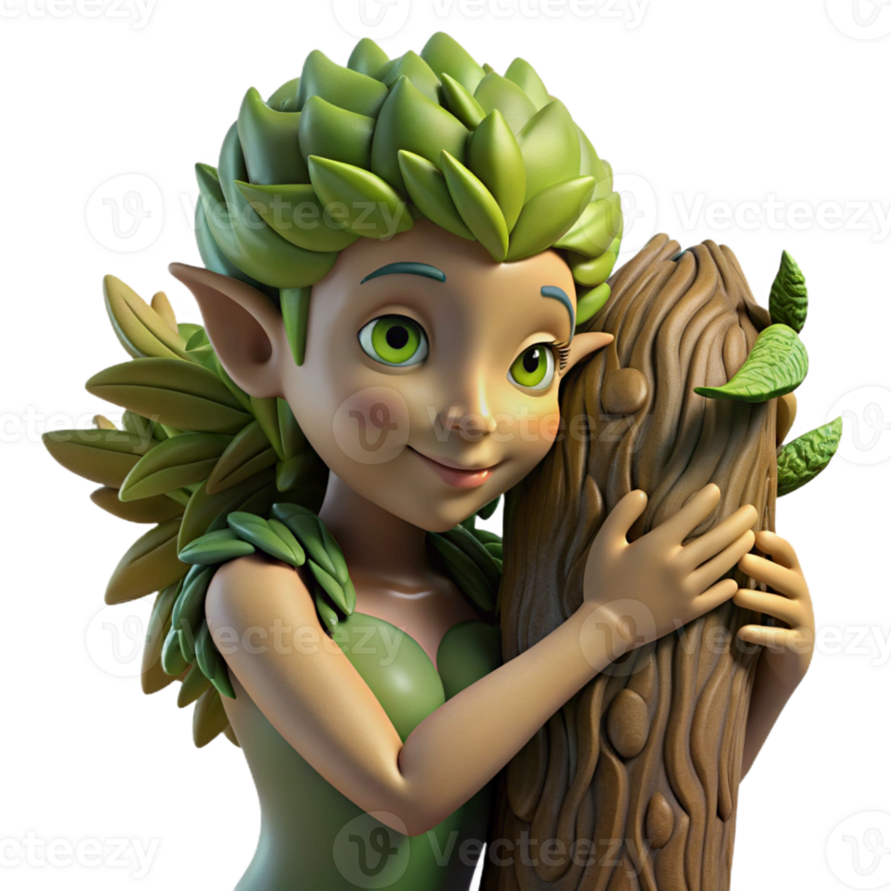 serene artistic A serene dryad with bark-like skin and leafy hair, embracing a giant tree, illuminated by the dappled sunlight of a forest. Nature photography style high resolution png