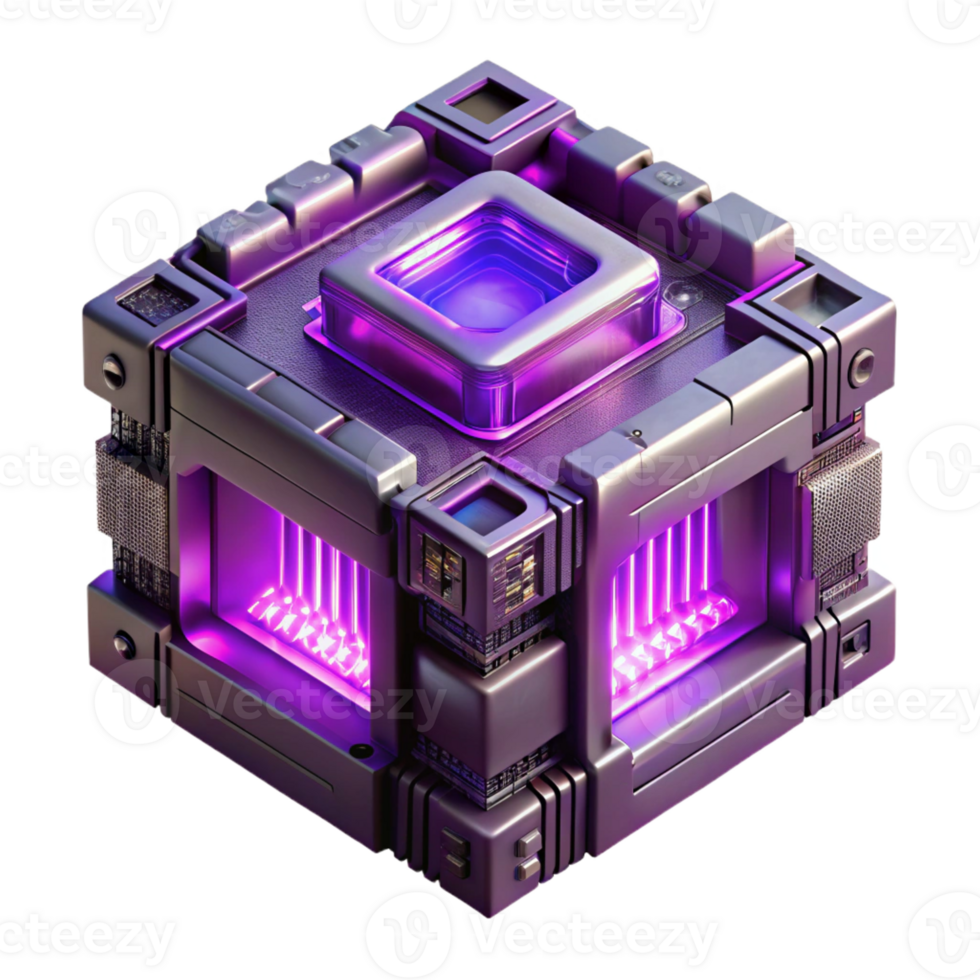 magnificent abstract A quantum computer core, glowing with an intense purple light, surrounded by complex circuitry, in a science fiction style detailed png