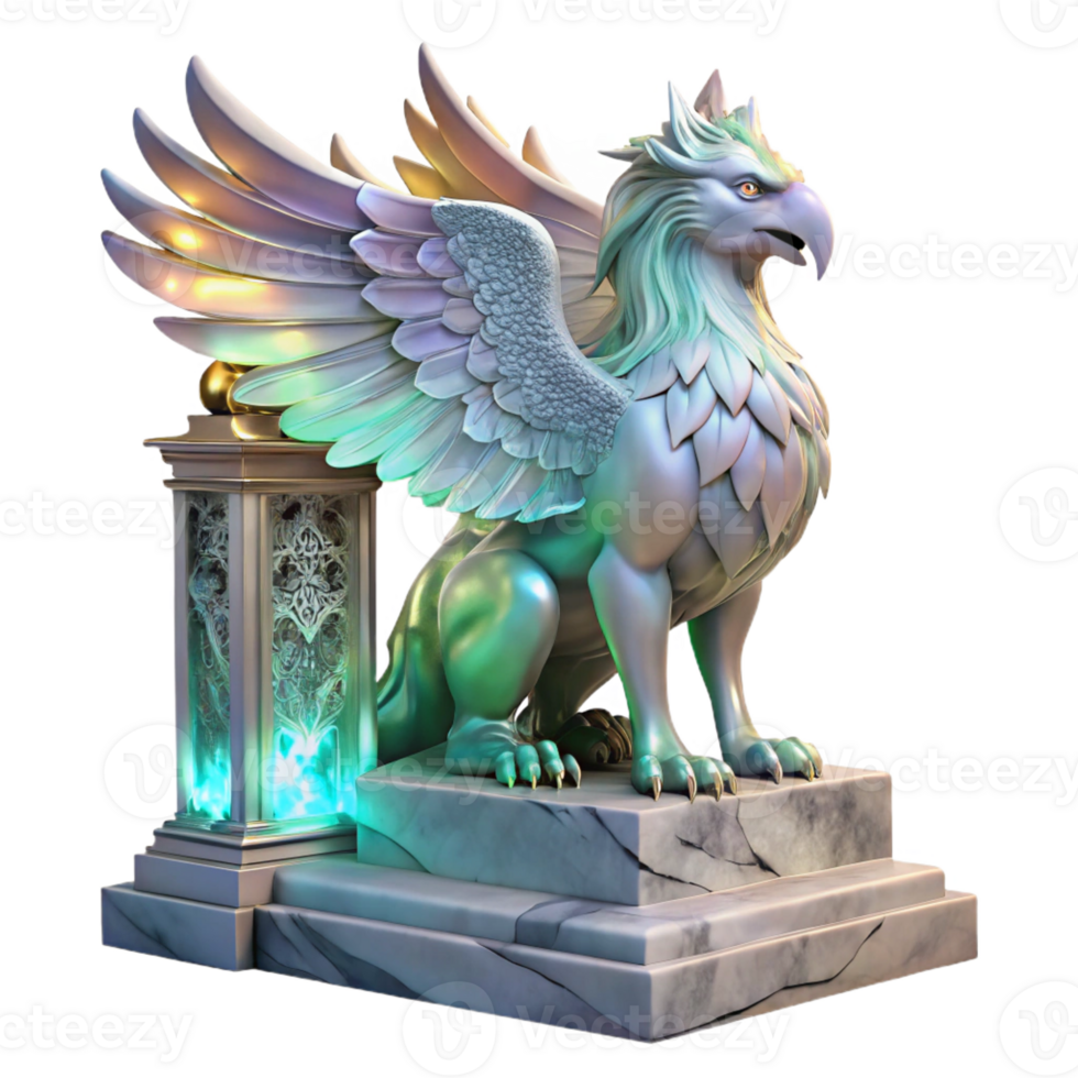 magnificent creative A majestic griffin with iridescent feathers, perched atop a crumbling marble altar, lit by ethereal moonlight, in a hyperrealistic style exclusive png